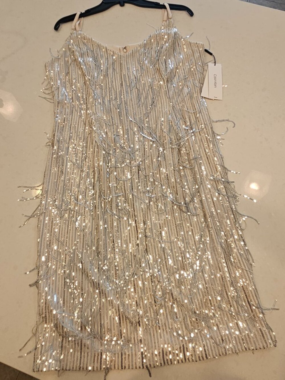 NWT Calvin Klein Sequin Dress with Sequin Fringe - Nude / Silver - Size 14